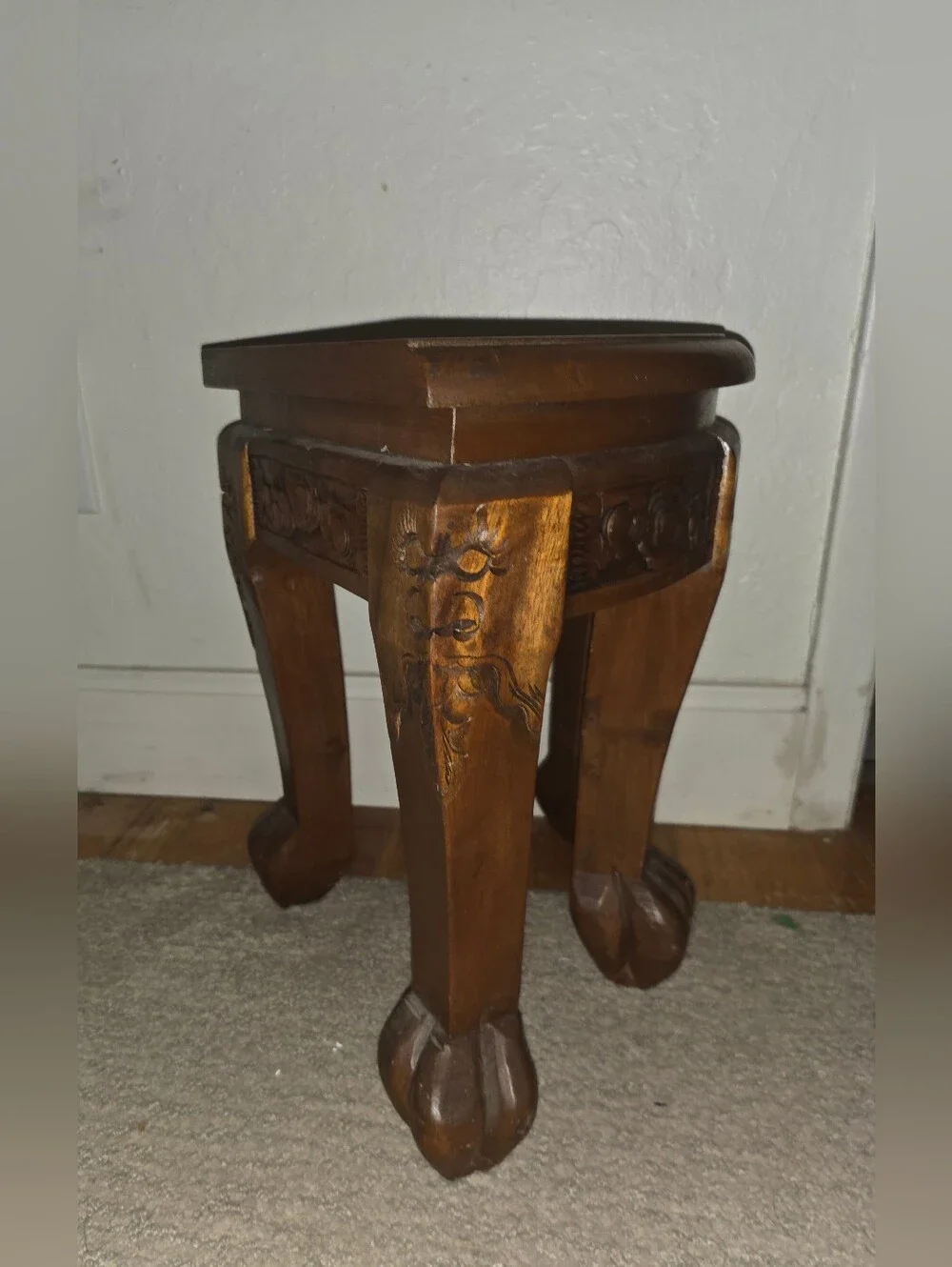 Vintage 1950s Mid Century Carved Wooden Chinese Claw Footed Table Stool